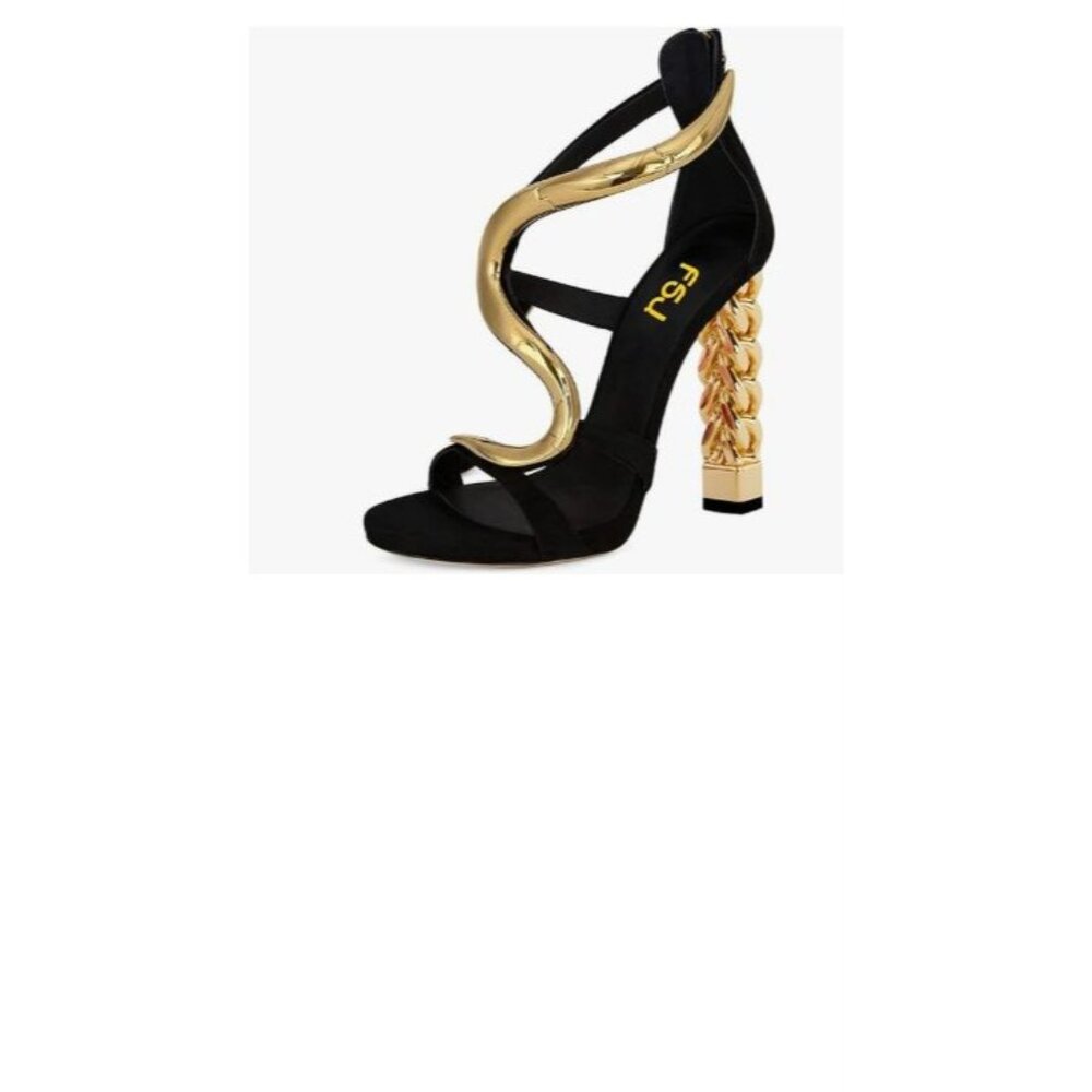 FSJ Women Flower Gold Metal Chain Chunky High Heels Ankle Strap Sandals Open Toe